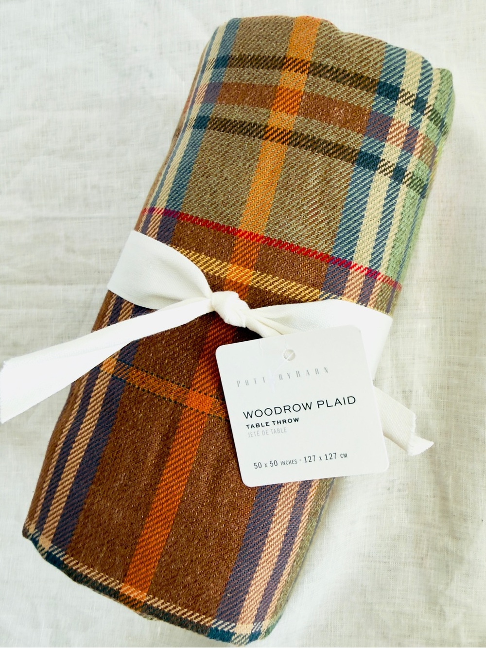 Pottery Barn Woodrow Plaid 100% Cotton 50” sq Table Throw, NWT, Retail $129